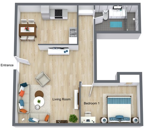 Floor plan for 1 bed, 1 bath, 700 sqft